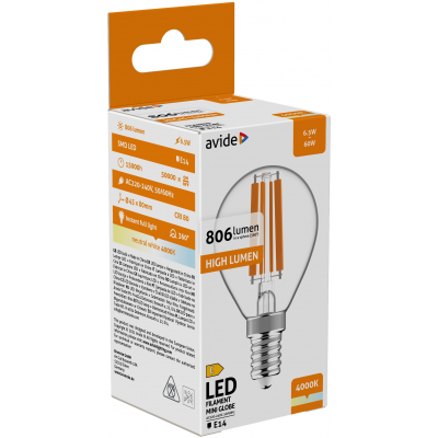 Avide LED Filament Mini Globe 6.5W E14 NW 4000K High Lumen